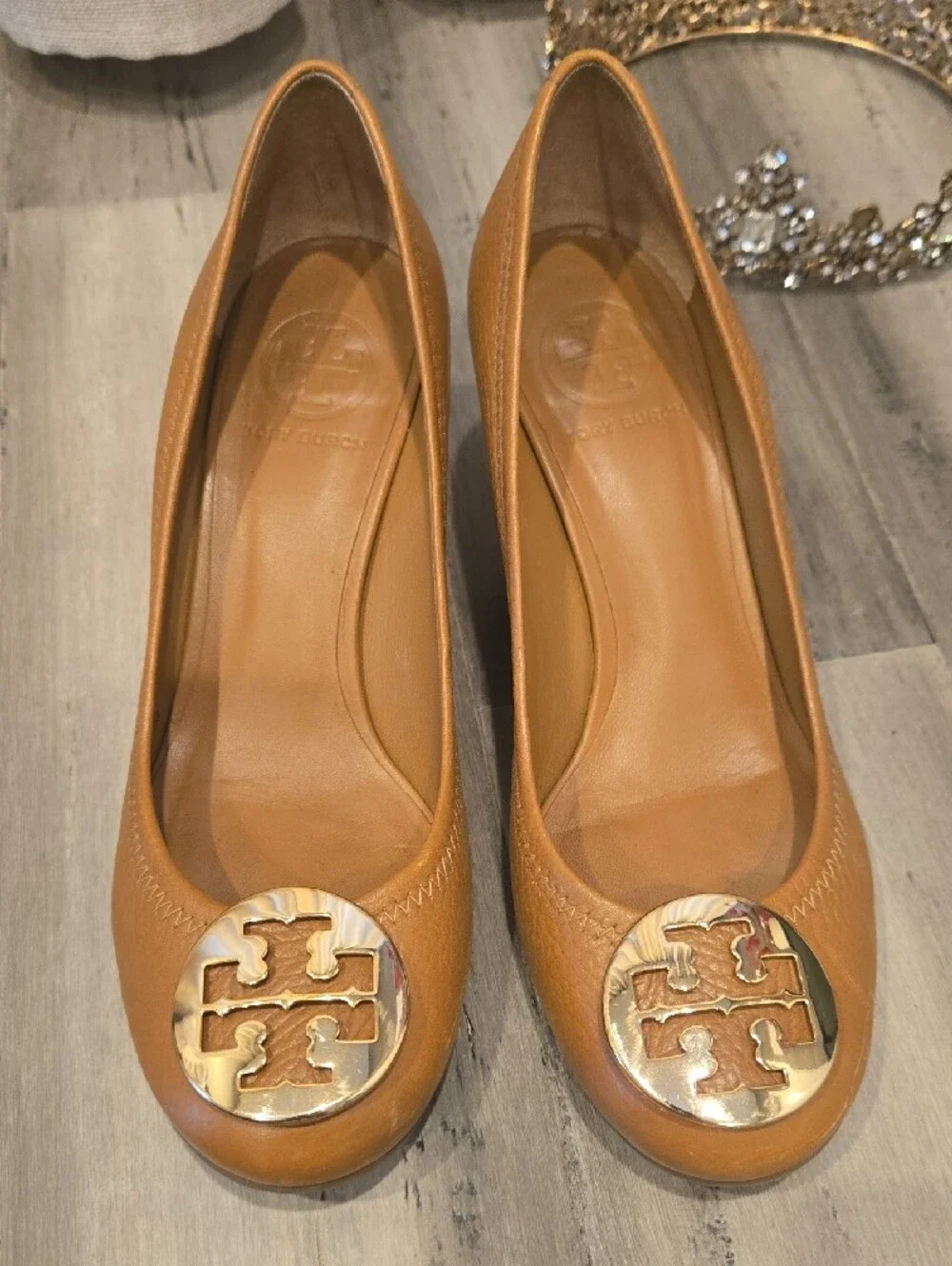 Tory Burch Cognac Leather Logo Wedge Pumps